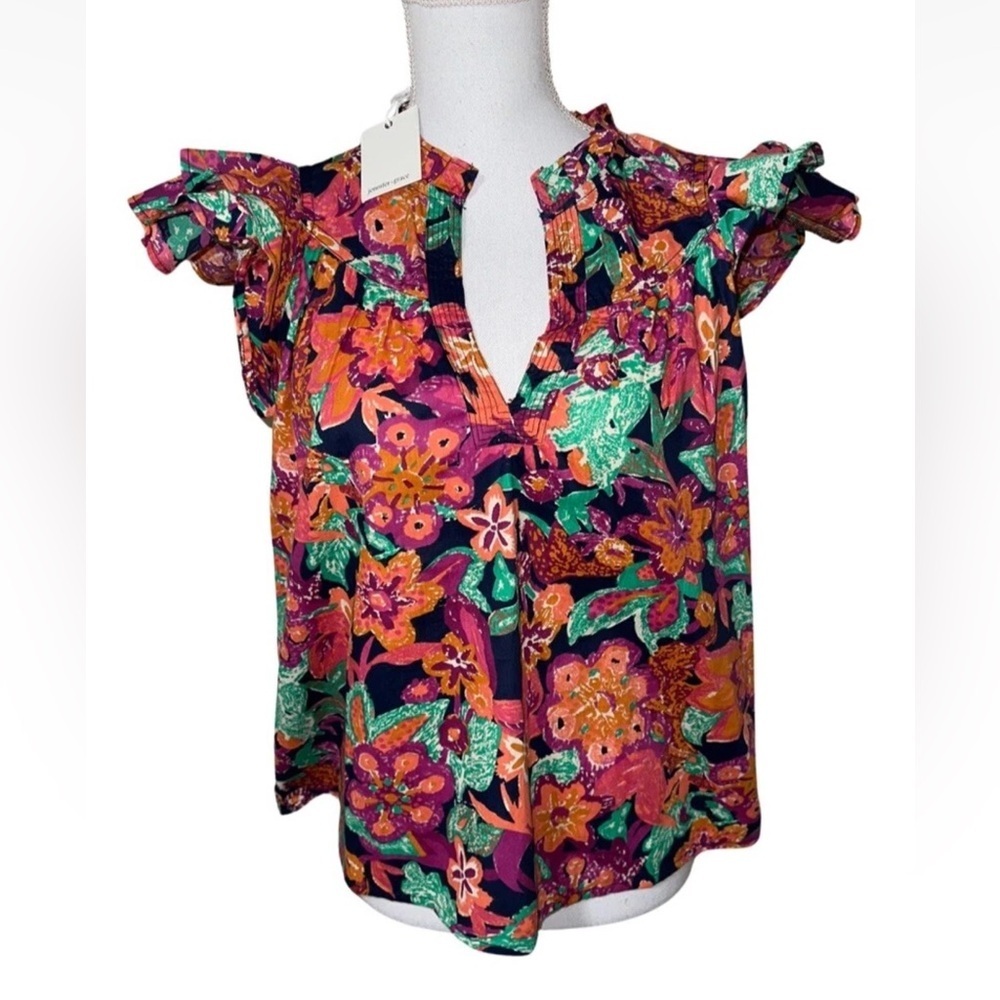 Jennifer & Grace $69 Womens Multicolor Floral Short Sleeve Cotton Blouse S New